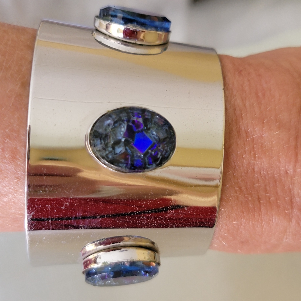Sarah Coventry Silver Wide Cuff Bracelet with Deep Blue Accents